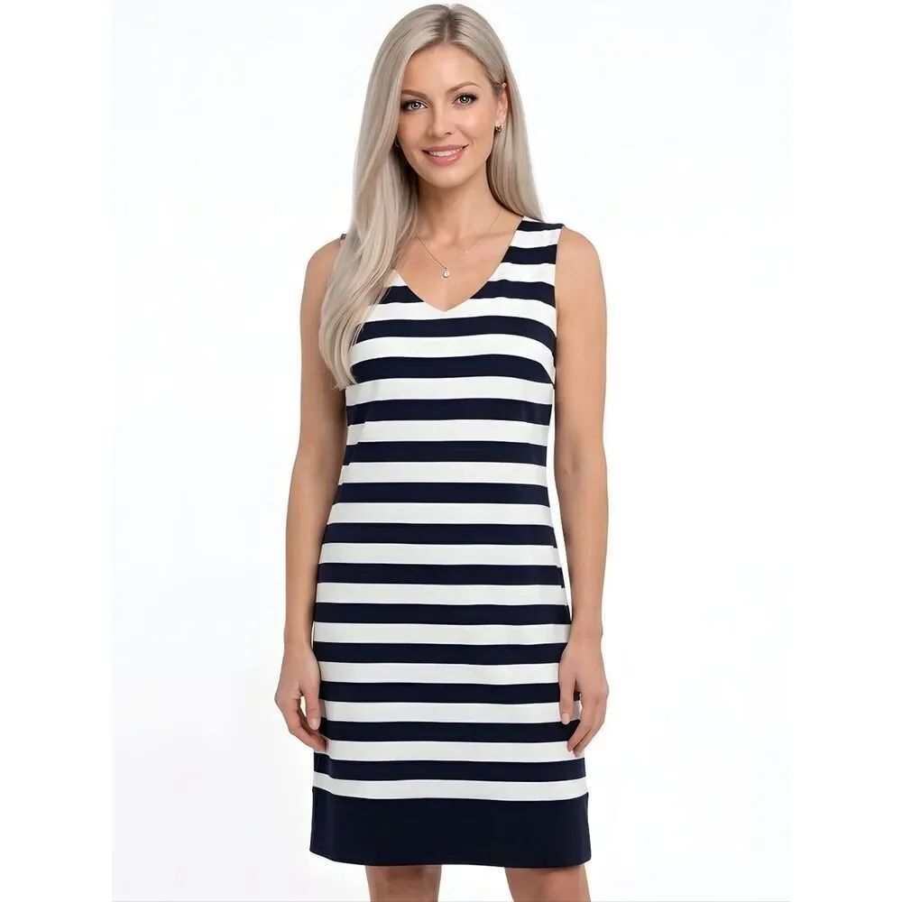 Alyx Limited Navy Blue Striped V-neck Sleeveless Stretch Sheath Dress Size 18